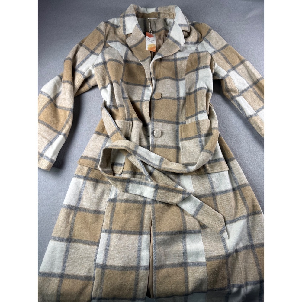 Simplee Women Tan Plaid Longline Trench Coat Belted Button Front M25OW0018 L